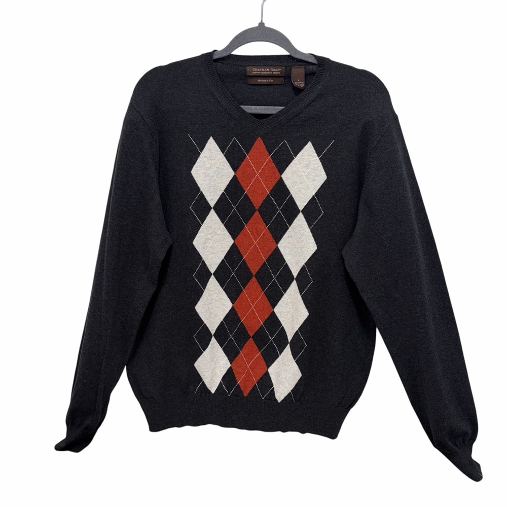 Chatham Road V Neck Modern Fit Charcoal Gray Argyle Cotton Cashmere Sweater - Lg